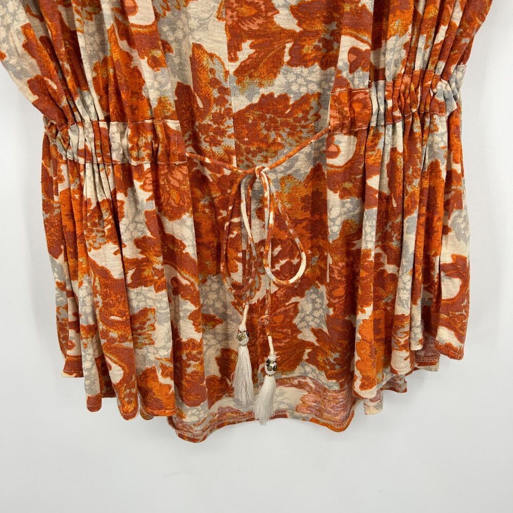 FREE PEOPLE Orange Beige Floral Flutter Sleeve Waist Tie V-Neck Blouse Top Small - Picture 5 of 7